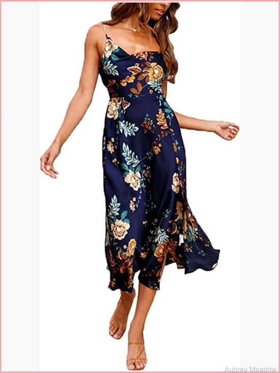 Dresses & Skirts - Cowl Neck Spaghetti Strap Slit Satin Midi Dress Backless Party Formal